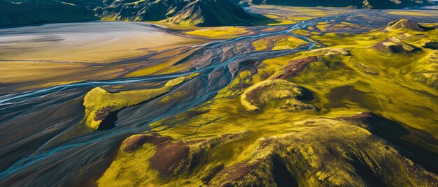 Aerial view of a small river in the mountains Shot in Iceland