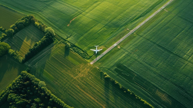 Photo aerial view of a small rural airport surrounded by green fields