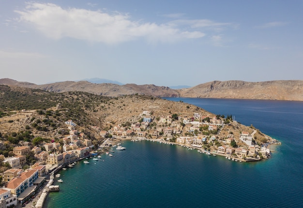 Aerial view of small town with colorful houses on Symi island