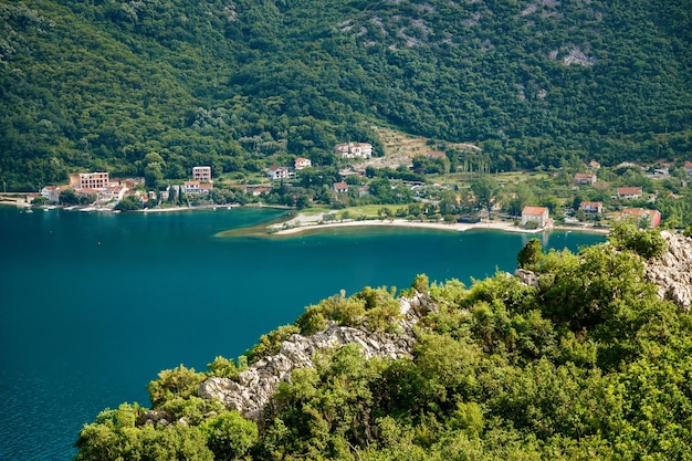 Aerial view to the small village Morinj in the Kotor bay