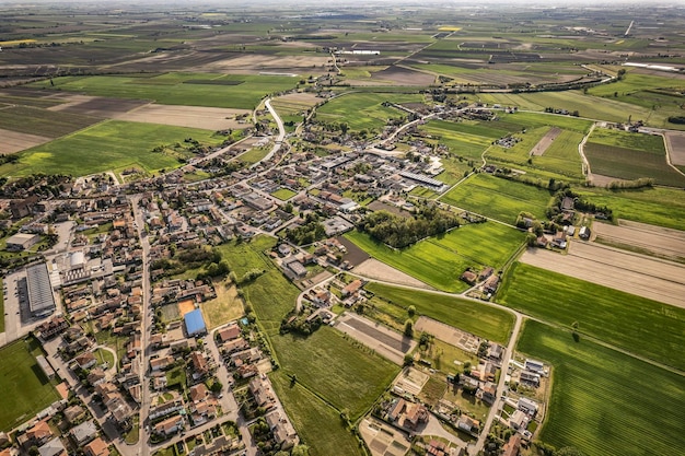 Aerial View of a Small Village in the Po Valley Countryside