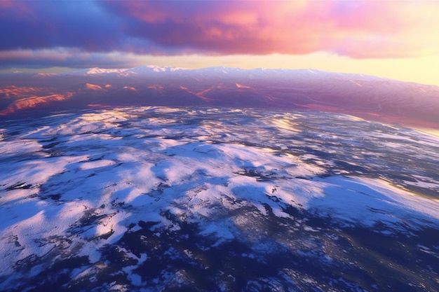 Aerial view of snow covered mountain range Colorful sunset