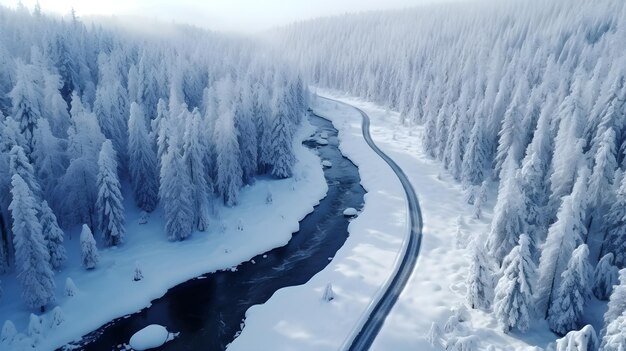 Aerial view of a snowladen forest with a winding road