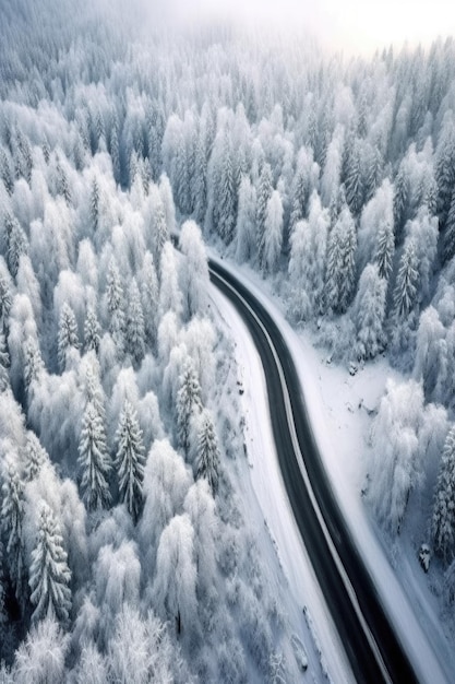 Aerial view of a snowy forest road created with generative ai