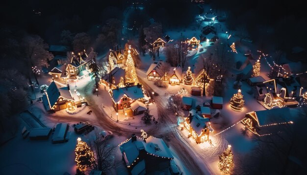 Photo aerial view of a snowy village illuminated with christmas lights during the holiday season at night