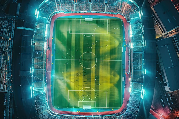 Aerial view of soccer championship match as two pro teams enter stadium to compete for champion stat