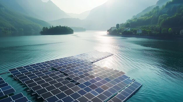 An aerial view of solar panels floating on a calm lake with mountains in the background