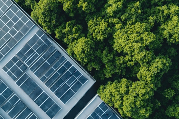 Photo aerial view of solar panels nestled among lush greenery promoting sustainable energy solutions