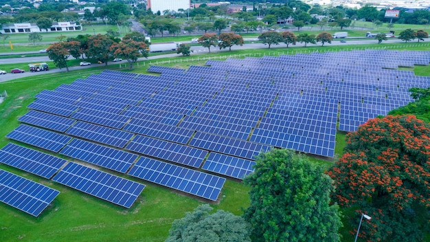 Aerial view of solar panels in Sao Jose dos Campos Brazil Many renewable energy panels