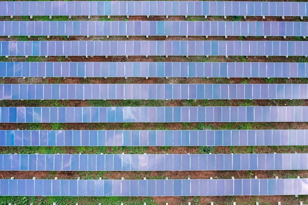 aerial view solar panels or solar cells in a field