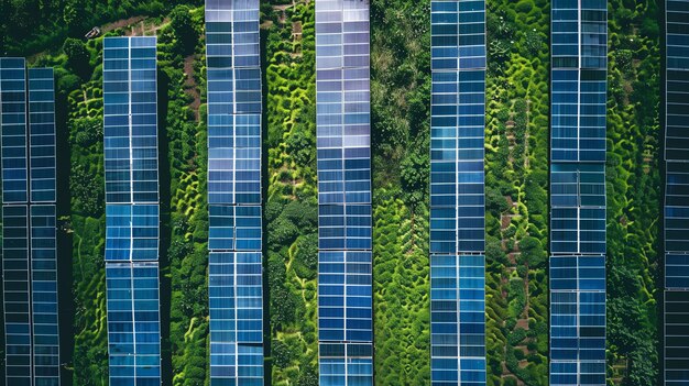 Photo aerial view of solar panels surrounded by lush green vegetation