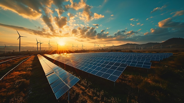 Aerial view of Solar panels and wind turbines generating renewable energy for green and sustainable future Green enregy Generative ai