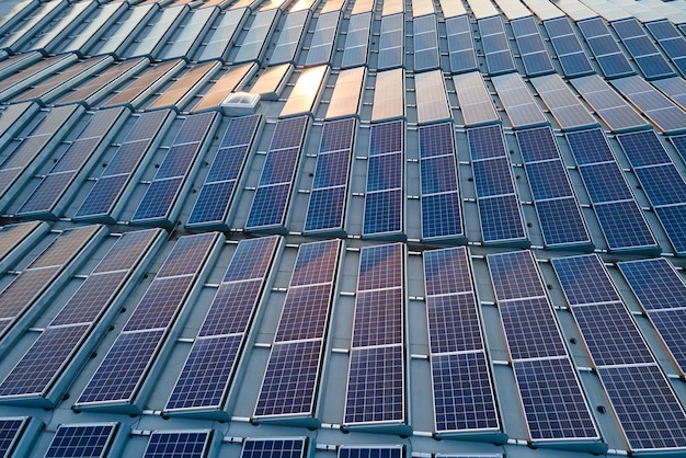 Aerial view of solar power plant with blue photovoltaic panels mounted on industrial building roof for producing green ecological electricity Production of sustainable energy concept