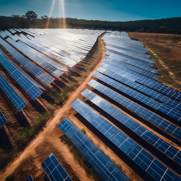 Aerial view of solar power plant with rows of solar panels