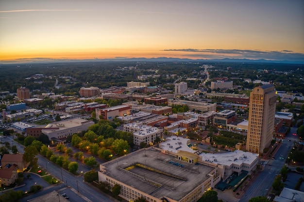 Aerial View of Spartanburg, South Carolina at Dusk