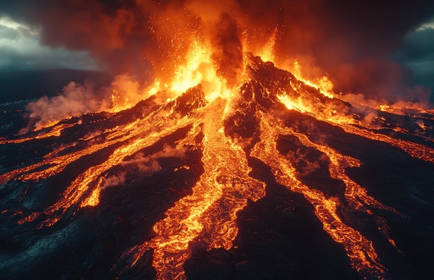 Aerial view of a spectacular volcanic eruption with rivers of lava flowing dramatically down the mountainside