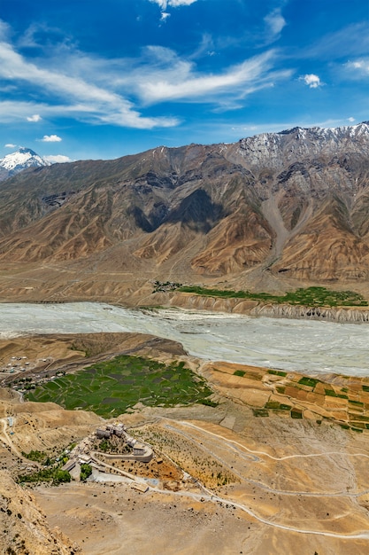 Aerial view of Spiti valley and Key gompa in Himalayas