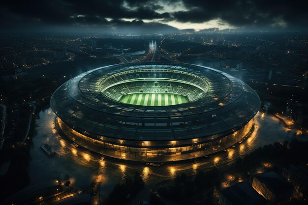 Aerial view of a sports field arena at night