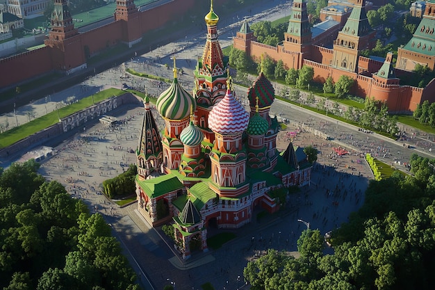 Aerial view of St Basil39s Cathedral in Moscow Russia with surrounding trees and a crowd of people