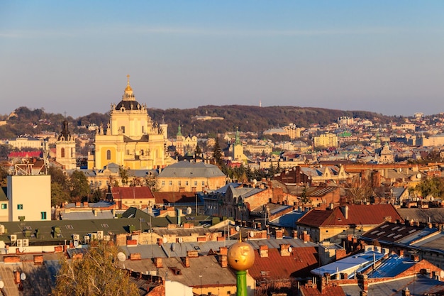 Aerial view of St George's Cathedral and old town of Lviv in Ukraine Lvov cityscape View from bell tower of Church of Sts Olha and Elizabeth