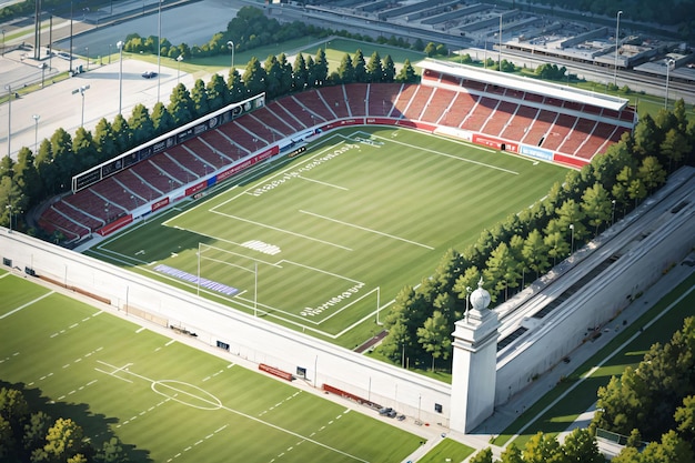 An aerial view of a stadium with a large building in the background.