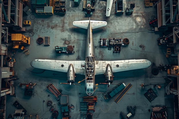 Aerial view of a stationary airplane inside a hangar undergoing maintenance An overhead view of an airplane undergoing maintenance in a hangar