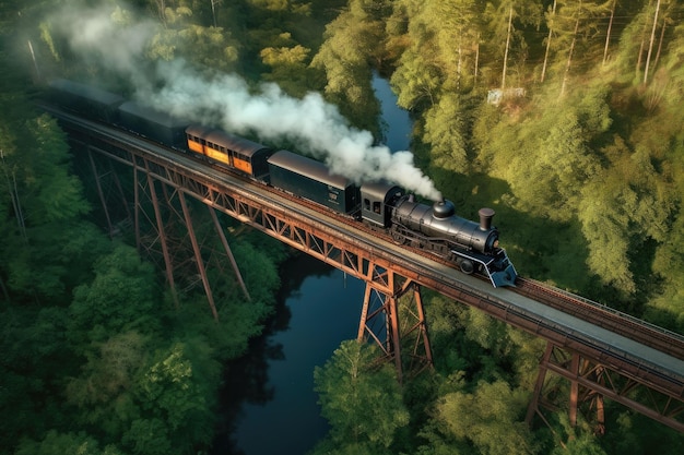 Aerial view of steam locomotive crossing a bridge created with generative ai