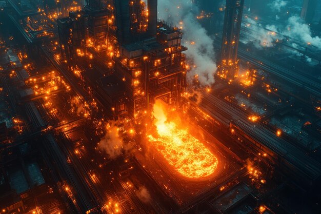 Aerial view of a steel mill at night with glowing orange fire and smoke