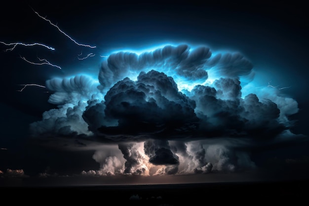 Aerial view of a stormy night sky over the sea severe thunderstorm cumulonimbus clouds and lightning