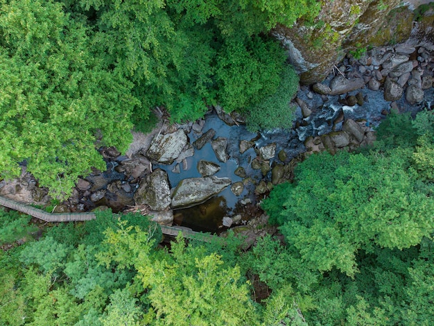 Aerial view of a stream in the forest in Rhodope Mountains near the town of Devin