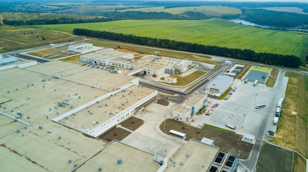 Aerial view of stylized altered generic modern industrial building.