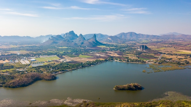 Aerial view of Sub Lek reservoir with mountain