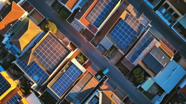 Photo aerial view of suburban houses with solar panels at sunset