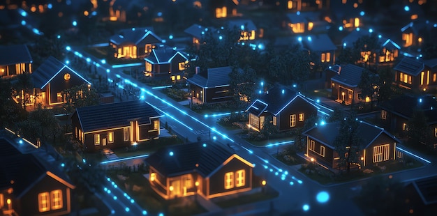 Photo an aerial view of a suburban neighborhood at night with houses lit up and streets illuminated with glowing blue lines