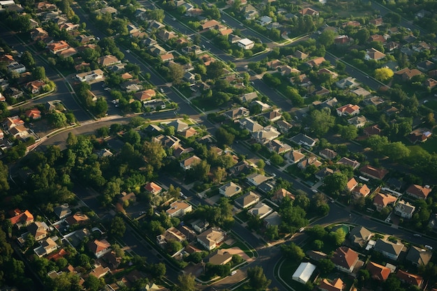 Aerial view of suburban neighborhood at sunset