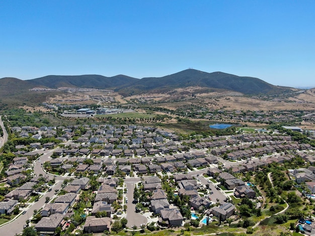 Aerial view suburban neighborhood with big villas next to each other in San Diego South California