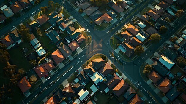 Aerial view of suburban neighborhood with mirroring deadend streets creating a symme Generative AI