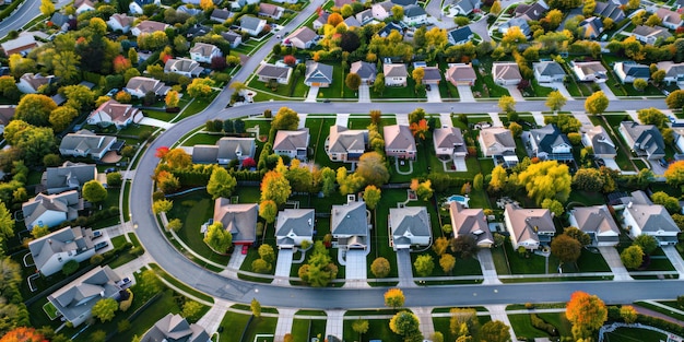 An aerial view of a suburban neighborhood with rows of houses