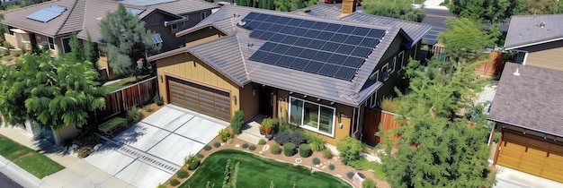 Aerial view of suburban neighborhood with twostory house having brown roof and white walls Rich