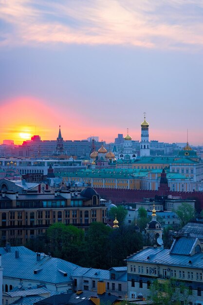 Aerial view of sunrise above Kremlin in Moscow city in Russia in the morning.