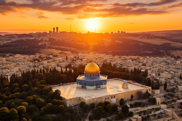 Aerial view of sunrise behind rock dome and old city of jerusalem israel palestine