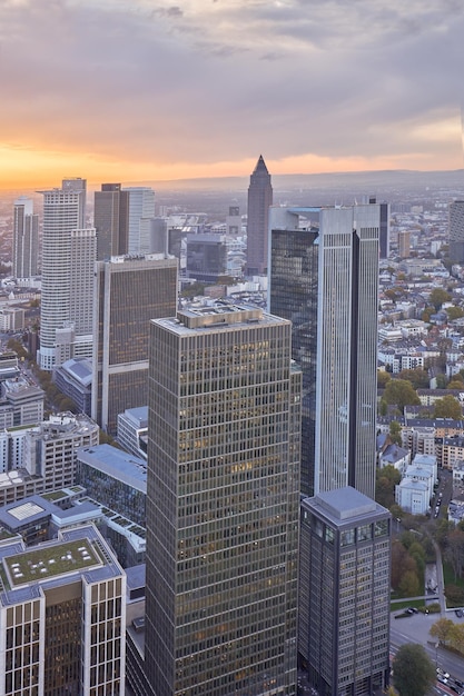 Aerial view at sunset of the city of Frankfurt in Germany