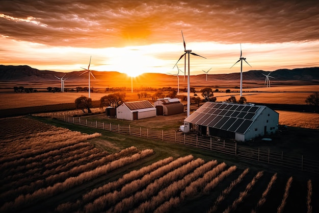 Aerial View of Sunset Farm with Solar Panels and Wind Turbines generative AI