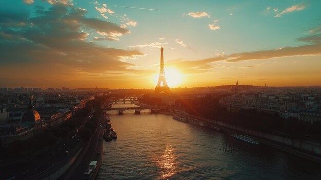 Photo aerial view of a sunset over majestic paris city with eiffel tower and seine river