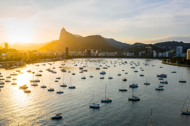 Aerial view of Sunset in Rio de Janeiro Brazil Botafogo Beach and yachts