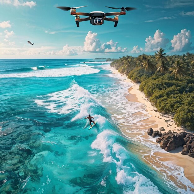 Photo aerial view of surfer on tropical beach