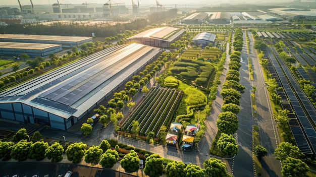 Photo aerial view of a sustainable industrial park featuring green roofs solar panels and wellmaintained gardens under a sunny sky