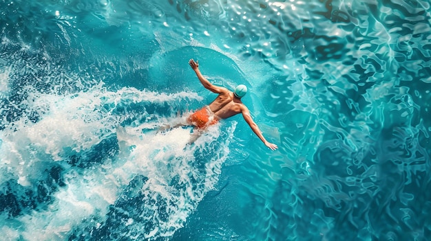 Aerial view of a swimmer making a splash in clear blue water Action shot highlighting energetic swimming strokes Perfect for sports and lifestyle This image is AIgenerated AI