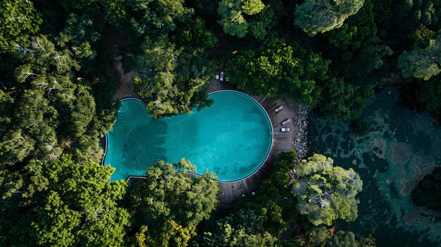 Photo aerial view of a swimming pool surrounded by trees in a forest generative ai