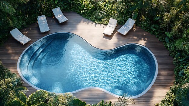 Photo aerial view of a swimming pool with wavy and curved shapes around the pool there is generative ai